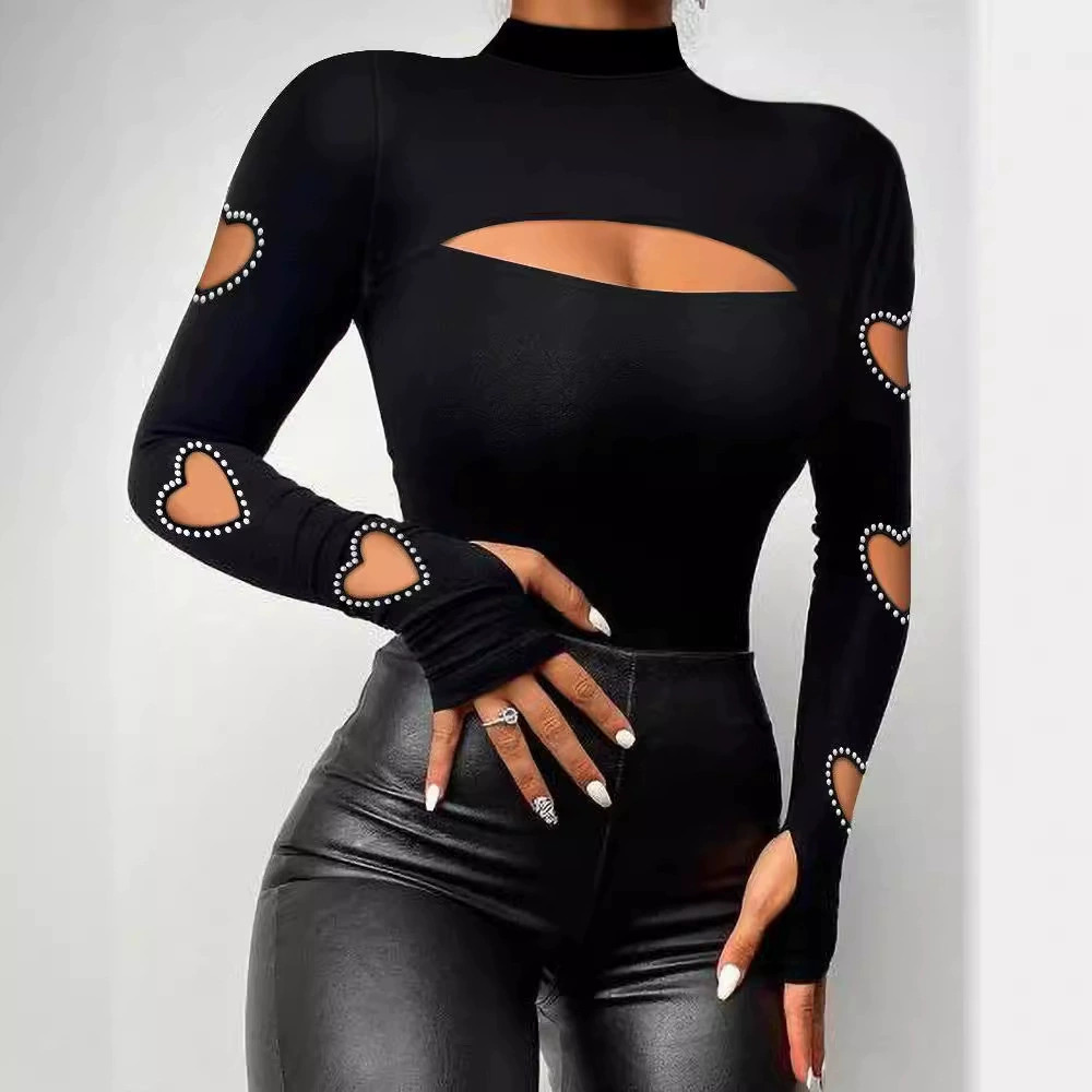 ZARA Trendy Beaded Heart Cutout Lace Long Sleeve Fitted Top